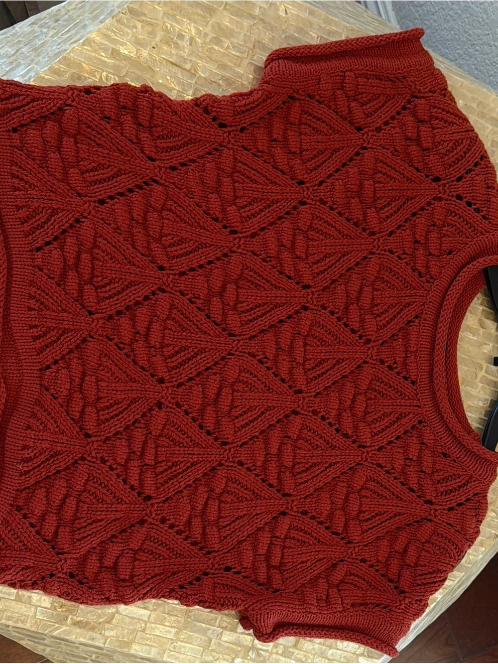 Rust Crochet Knit Short Sleeve Sweater Top